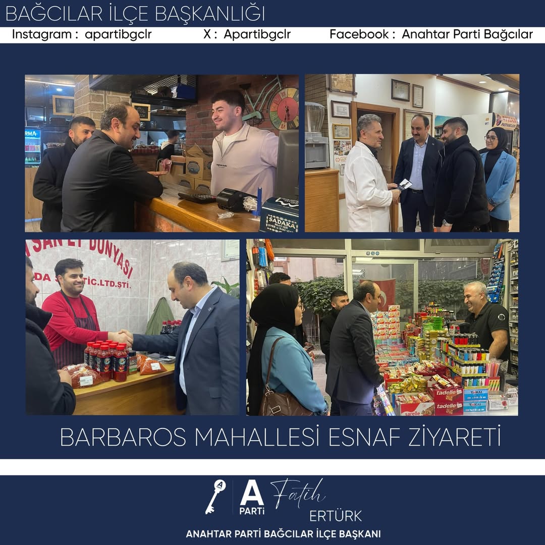 Anahtar Parti Bağcılar İlçe Başkanlığı olarak, İlçe Başkanımız, yönetim kurulu üyelerimiz ve Barbaros Mahallesi Başkanımız Harun Doğan ile birlikte Barbaros Mahallesi esnafımıza ziyaret gerçekleştirdik. - 2