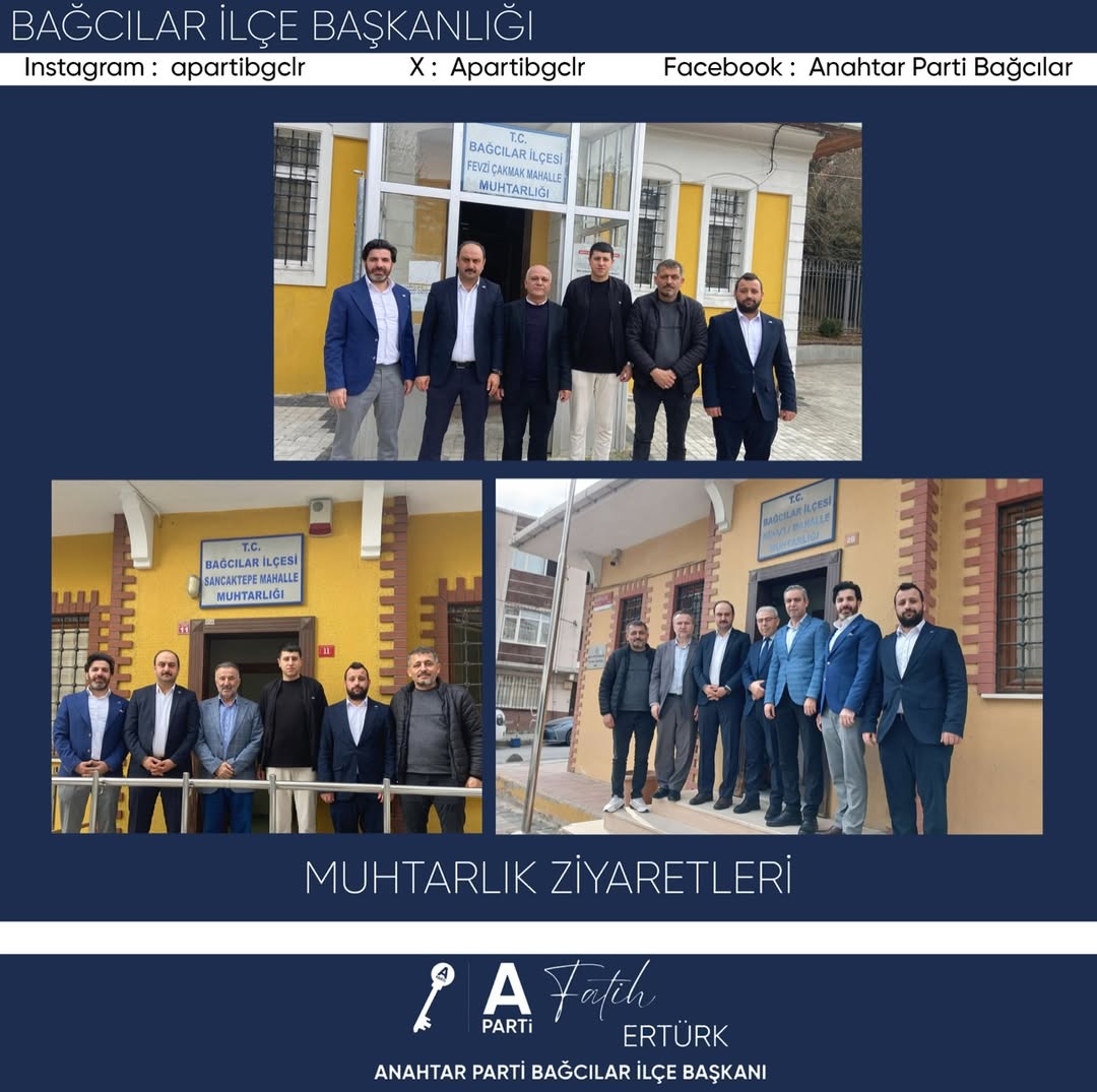 Anahtar Parti Bağcılar İlçe Başkanımız Fatih Ertürk ve yönetim kurulu üyelerimiz, Kirazlı Mahalle Muhtarı Selçuk Gedik, Güneşli Mahalle Muhtarı Engin Kılıç, Sancaktepe Mahalle Muhtarı Mehmet Güleryüz ve Fevzi Çakmak Mahalle Muhtarı Ali Akçil’i makamında ziyaret etti.